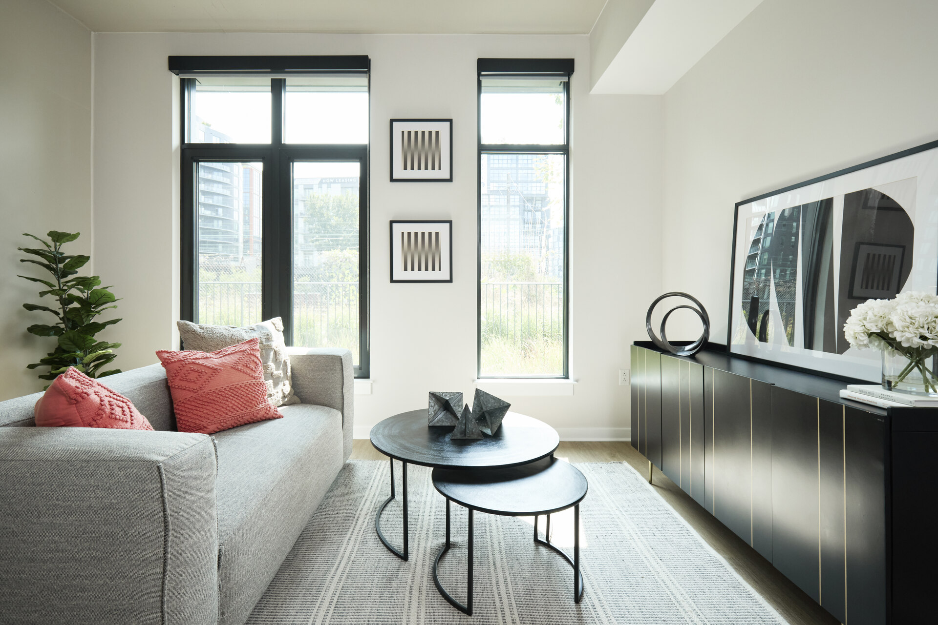 Living room in an apartment at The 202 in DC, featuring modern furnishings, ample natural light, and a stylish design.